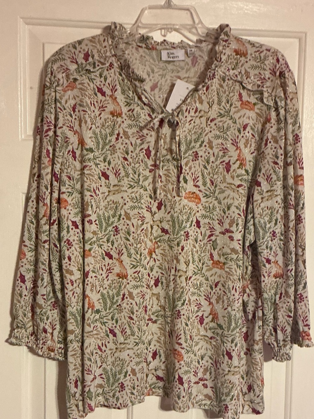 Kim Rogers Cream Floral & Foliage Peasant Tunic with Rust Accents